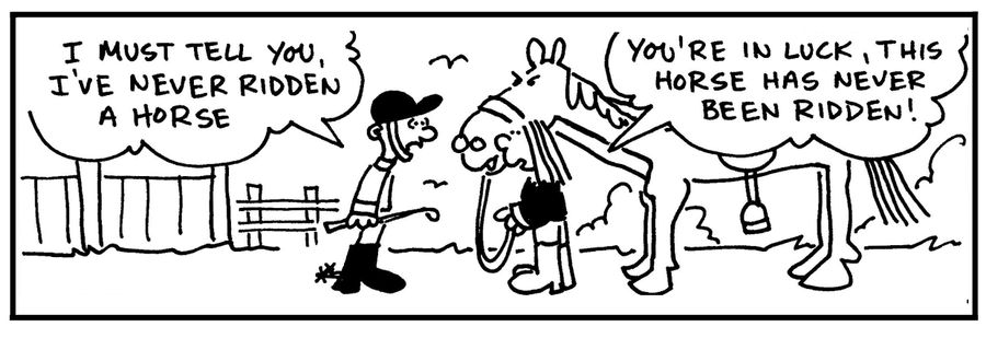 'I must tell you I've never riden a horse.' - 'You're in luck, this horse has never been ridden.'