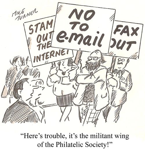 'Here's trouble, it's the militant wing of the Philatelic Society!'