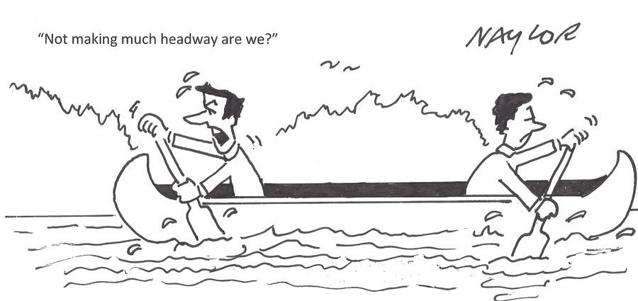 Two men in a canoe rowing against each other.