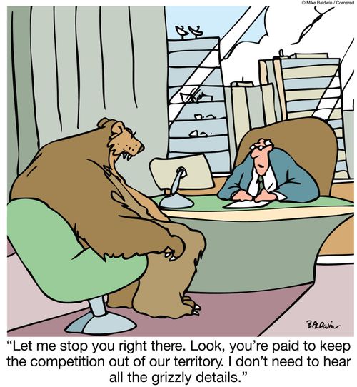 "Let me stop you right there. Look, you're paid to keep the competition out of our territory. I don't need to hear all the grizzly details."