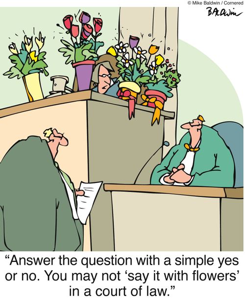 "Answer the question with a simple yes or no. You may not 'say it with flowers' in a court of law."