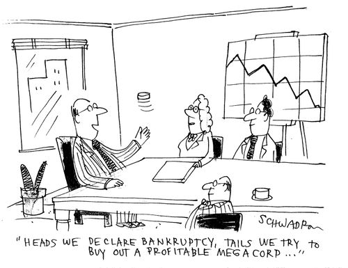 'Heads we declare bankruptcy, tails we try to buy out a profitable megacorp...'