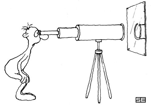 Man looking down telescope into mirror.