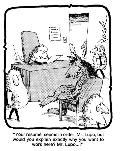 'Your resume seems in order, Mr. Lupo, but would you explain exactly why you want to work here> Mr. Lupo...?
