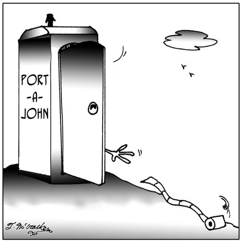 A hand from a Port-a-John desperately reaching for a roll of toilet paper has it rolls away