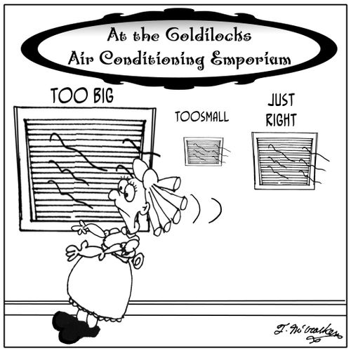 At the Goldilocks Air Conditioning Emporium units are labeled: 'Too Big,' 'Too Small,' and 'Just Right.'