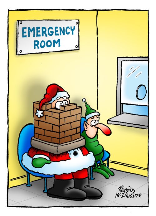 Santa Claus stuck in a chimney sitting in a hospital emergency room.
