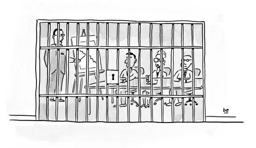 Business man explaining on white board - showing to executives plunging graph while sitting behind bars in jail
