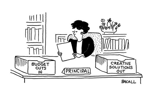 Principal with 'budget cuts' in-tray and 'creative solutions' out-tray.