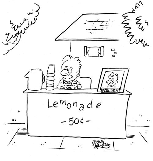 Kid selling lemonade has a picture of the founder: himself