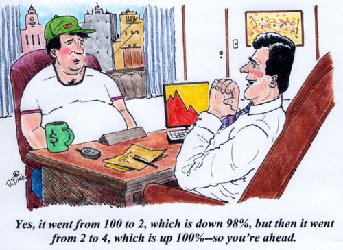 'Yes, it went from 100 to 2, which is down 98%, but then it went from 2 to 4, which is up 100%, so you're ahead.'