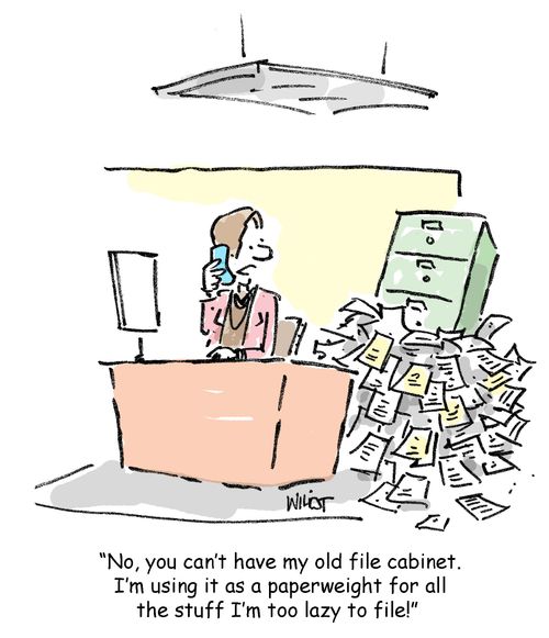 'No, you can't have my old file cabinet. I'm using it as a paper-weight for all the stuff I'm too lazy to file!' 