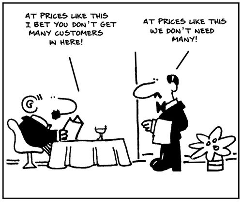 'At prices like this I bet you don't get many customers in here.' - 'At prices like this we don't need many.'