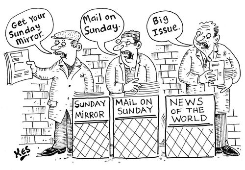 News vendors selling their respective newspapers. The News of the World vendor is selling the Big Issue.
