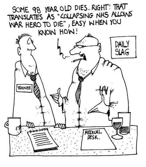 "...That translates as 'collapsing NHS allows war hero to die" - easy when you know how!"
