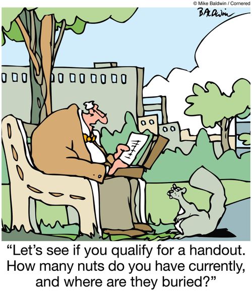 'Let's see if you qualify for a handout. How many nuts do you have currently, and where are they buried?'