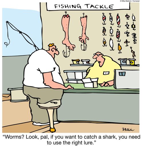 "Worms? Look, pal, if you want to catch a shark, you need to use the right lure."