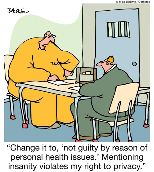 "Change it to, 'not guilty by reason of personal health issues.' Mentioning insanity violates my right to privacy."