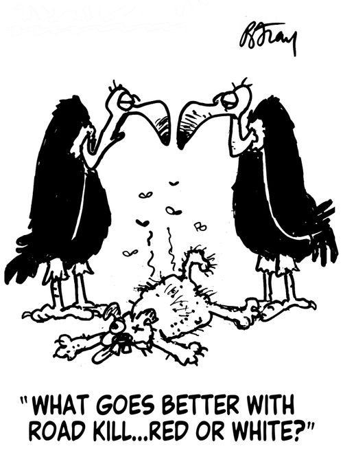 'What goes better with road kill...red or white?'