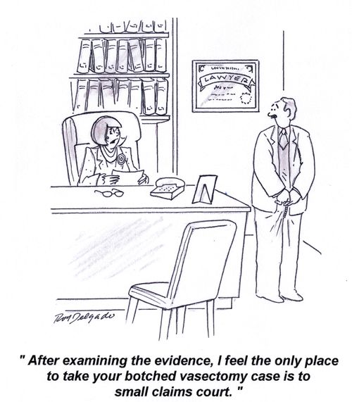 'After examining the evidence, I feel the only place to take your botched vasectomy case is to small claims court.'