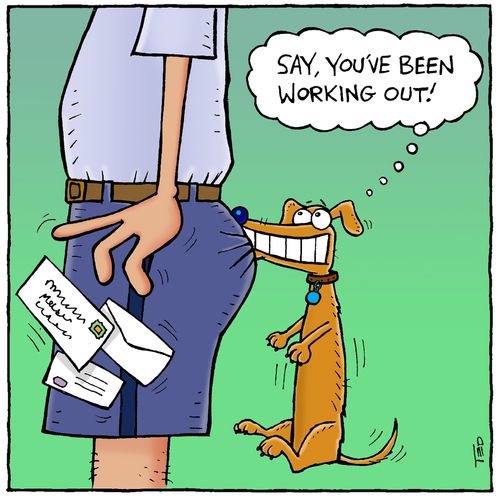 'Say, you've been working out!' A Weiner dog bites mail carrier on the butt.