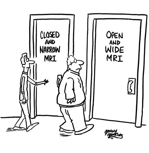 Thin man enters 'Closed and Narrow MRI', heavy man enters 'Open and Wide MRI'