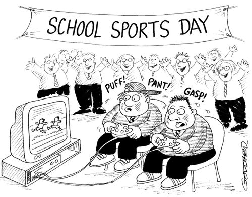 'School sports day - fat boys playing computer game'