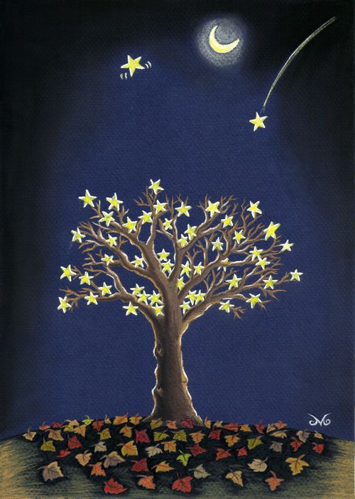 A leafless tree catches shooting stars in its branches.