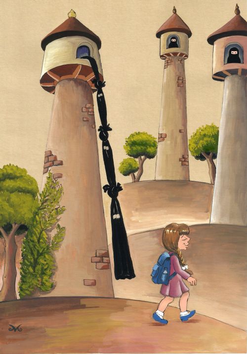 A girl heads off to school, having climbed out of her tower.