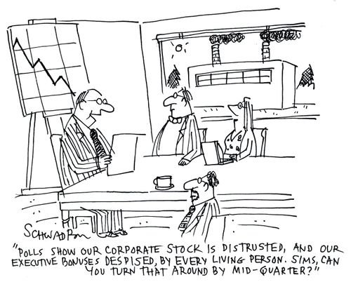 'Polls show our corporate stick is distrusted, and our executive bonuses despised by every living person. Sims, can you turn that around by mid-quarter?'