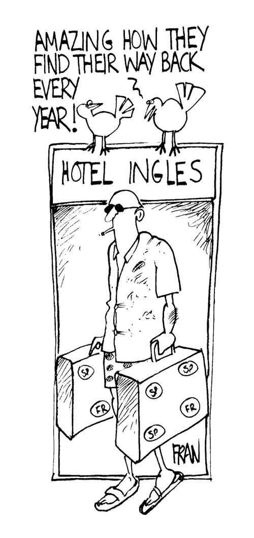 Birds talking about package holiday makers - "Amazing how they find there way back every year."