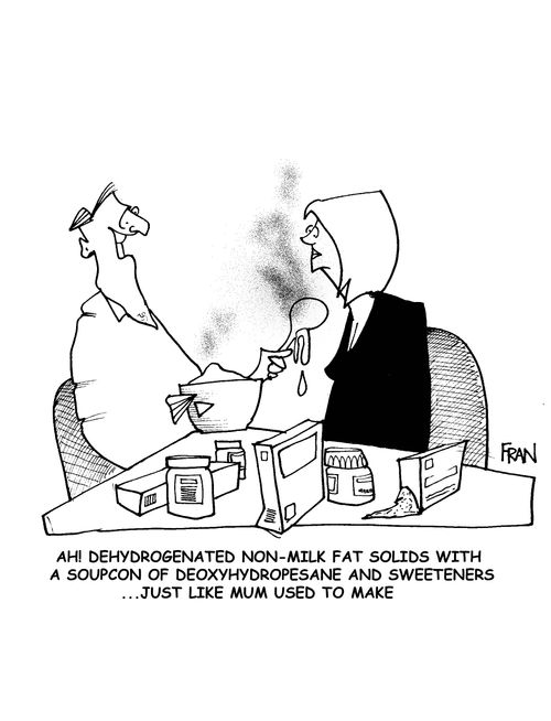 "Ah! dehydrogenated non-milk fat solids with a soupcon of deoxyhydropesane and sweetners...just like mum used to make."