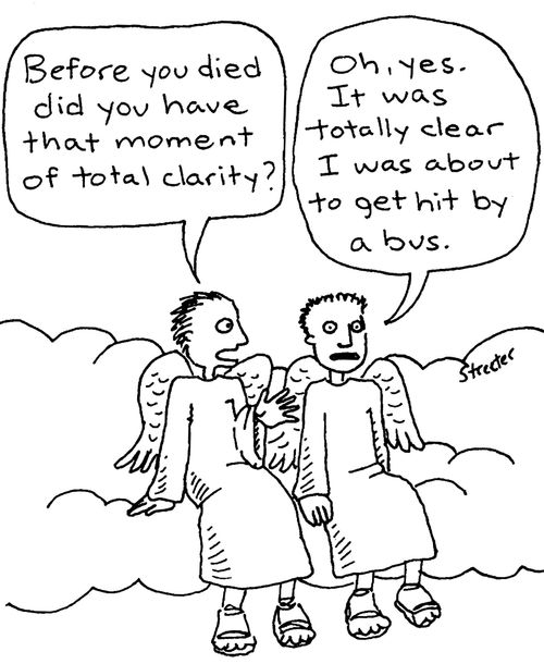 "Before you died, did you have that moment of total clarity?"  "Oh yes, it was totally clear I was about to get hit by a bus."