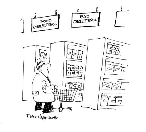 Supermarket aisles - 'Good cholesterol' & 'Bad cholesterol'.