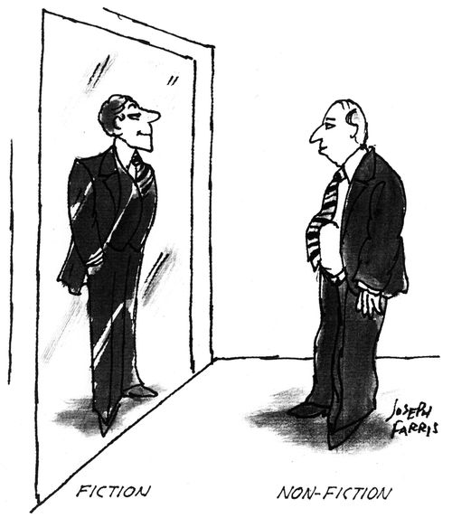 Fat man looks in mirror and sees slim, handsome reflection.