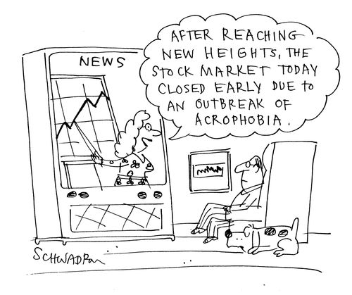 'After reaching new heights, the stock market closed early due to an oubreak of acrophobia.'