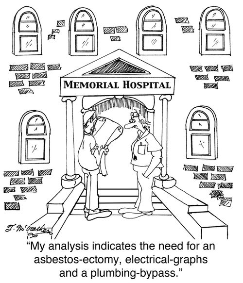 'My analysis indicates the need for an asbestos-ectomy, electrical-graphs and a plumbing-bypass.'