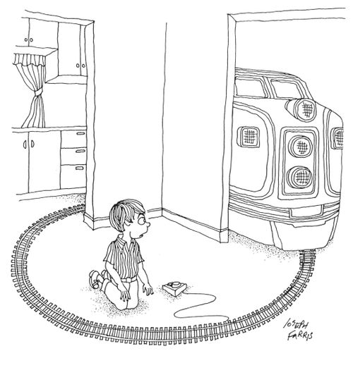 Giant train on a boy's train set.