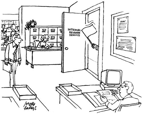White flag being waved through the door of the Internal Revenue Service.