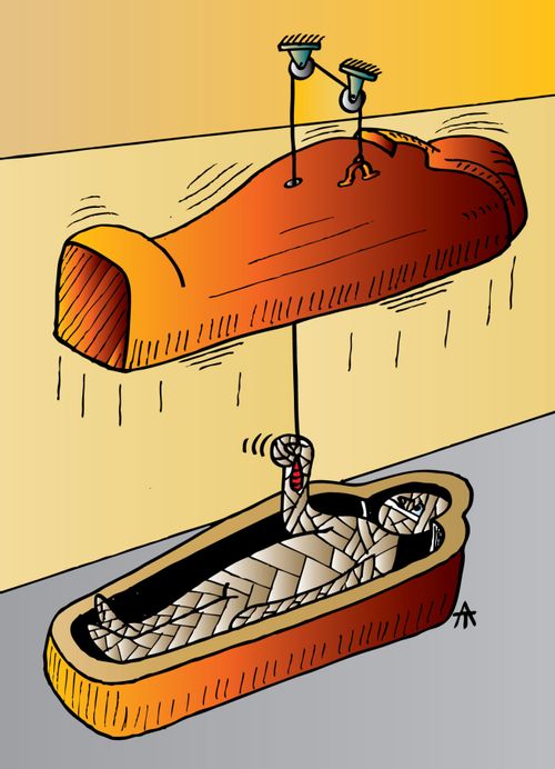 Mummy has set up a pulley system in his sarcophagus.