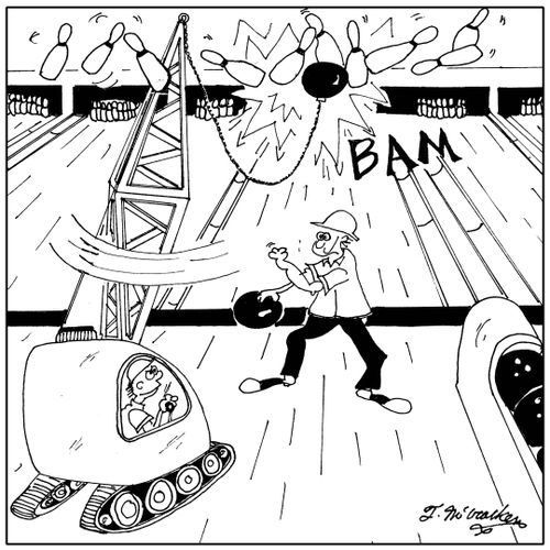 A wrecking ball gets a strike in a bowling alley.