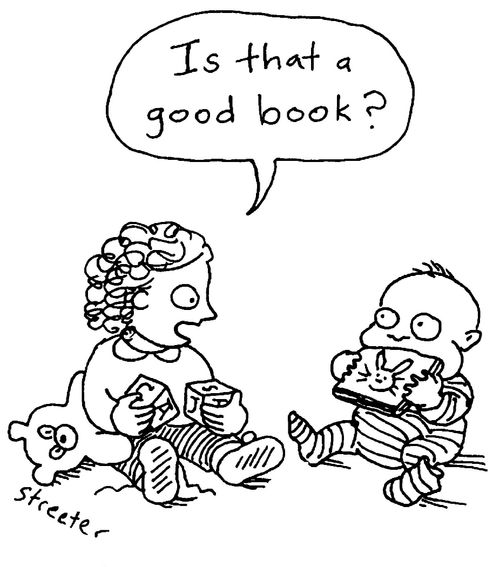 Little girl to baby: Is that a good book?