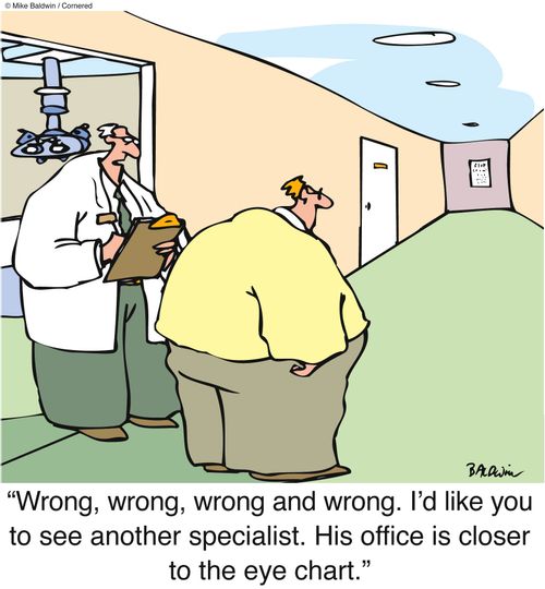 "Wrong, wrong, wrong and wrong. I'd like you to see another specialist. His office is closer to the eye chart."