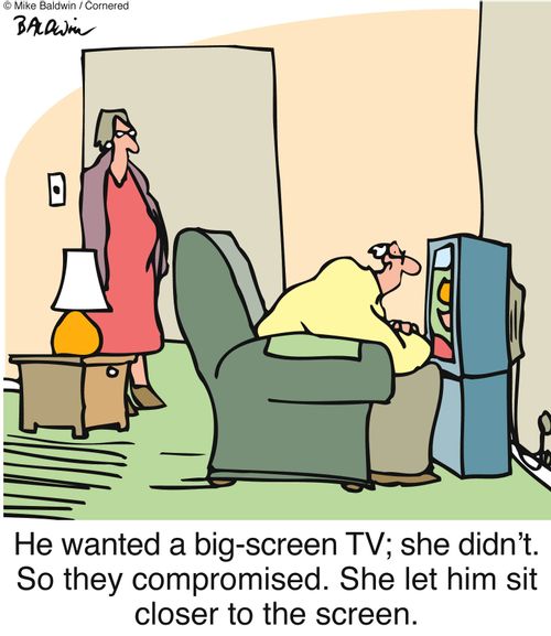 He wanted a big-screen TV; she didn't. So they compromised. She let him sit closer to the screen.  