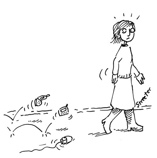 Woman followed by devices.