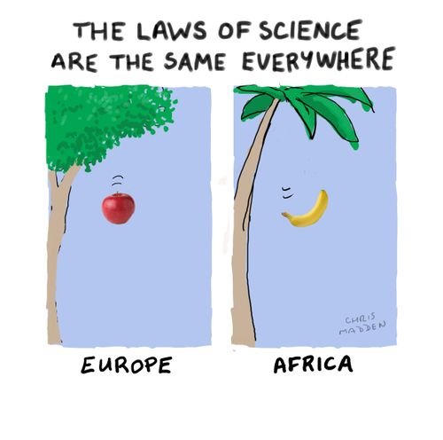The laws of physics are the same everywhere - illustrated by Newton's apple affected by gravity