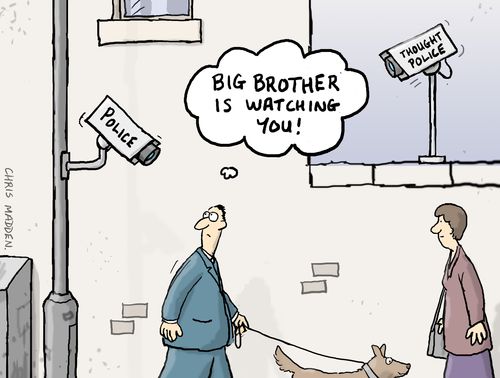 Surveillance cameras. One belonging to the police, the other belonging to the thought police (and looking at the man's thought balloon).