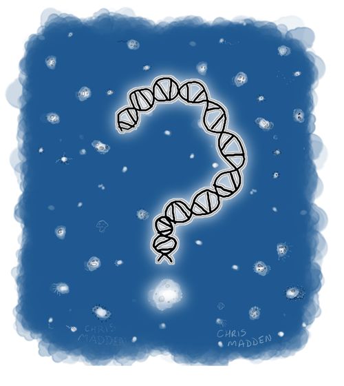 How did life begin? Image shows a strand of dna in the form of a question mark (with a single cell as the dot, floating in water or primeval soup). The image also refers to life beyond the earth, with the cell-like blobs resembling galaxies in outer space