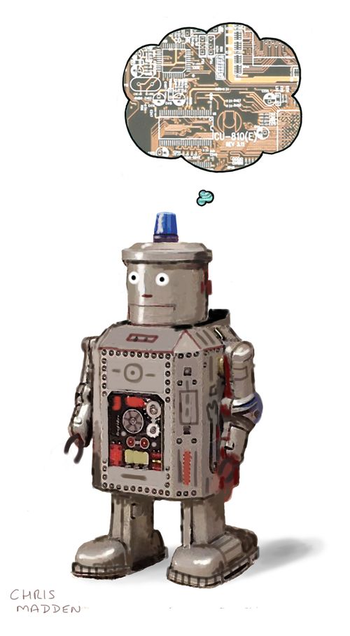 Machine consciousness - a robot thinking. The thought is in the form of a printed circuit board. The robot is a clockwork toy robot, to emphasise the infancy of the concepts involved