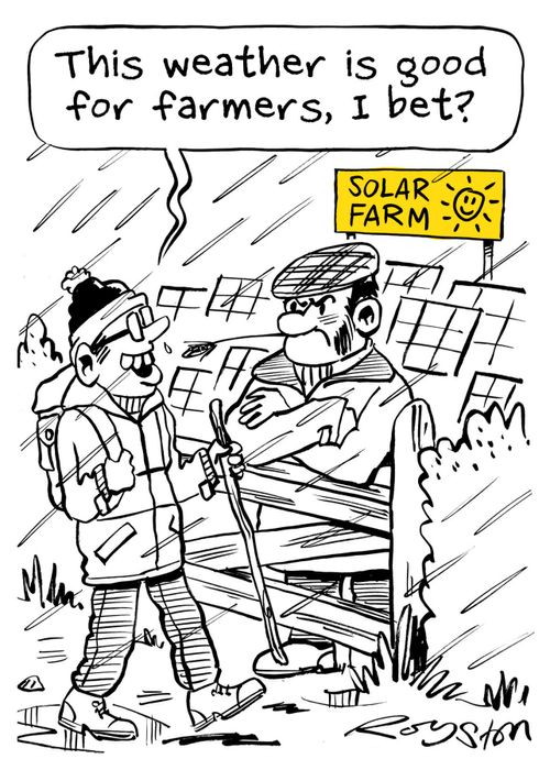 Rain on solar farm: 'This weather is good for farmers, I bet?'